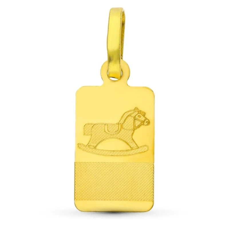 Placa Chapa Colgante Oro 18k bebé lisa 16 mm. detalle caballo láser.