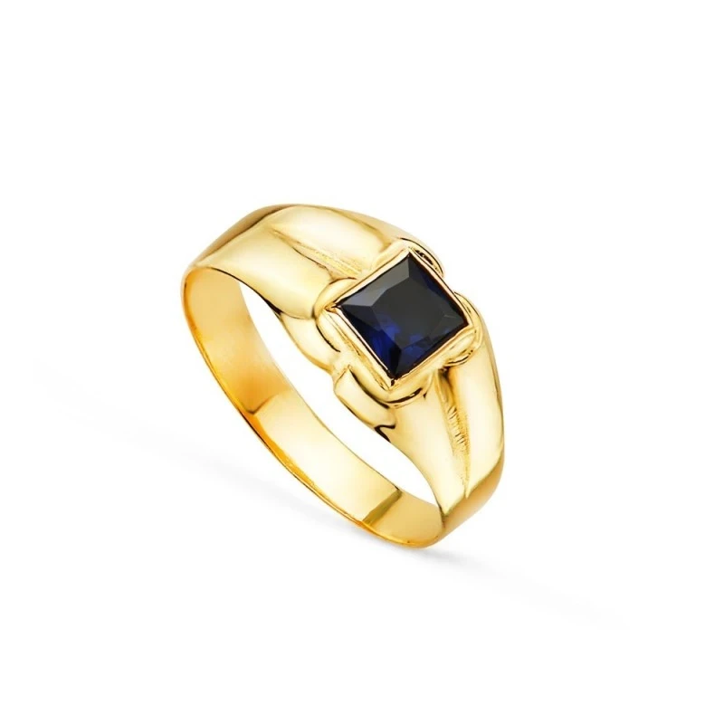 Solitario Oro 18k bebé circonita azul cuadrada centro cabeza 3.5 mm.