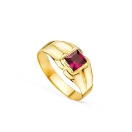 Solitario Oro 18k bebé circonita roja cuadrada centro cabeza 3.5 mm.