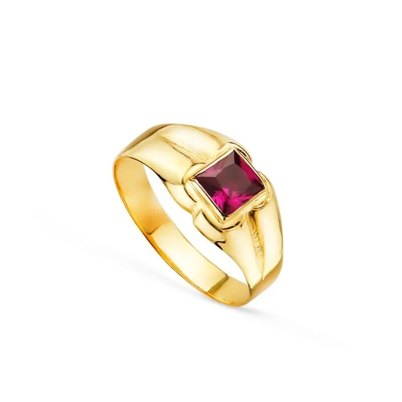 Solitario Oro 18k bebé circonita roja cuadrada centro cabeza 3.5 mm.