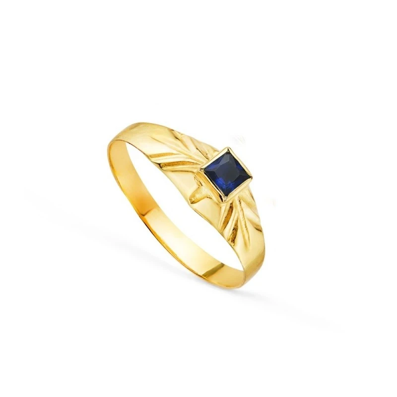 Solitario Oro 18k bebé circonita azul cuadrada centro cabeza 3 mm. de