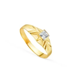 Solitario Oro 18k bebé circonita cuadrada centro cabeza 3 mm. detalle