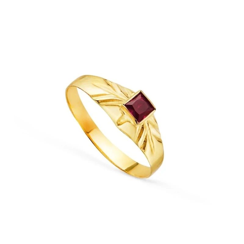 Solitario Oro 18k bebé circonita roja cuadrada centro cabeza 3 mm. de