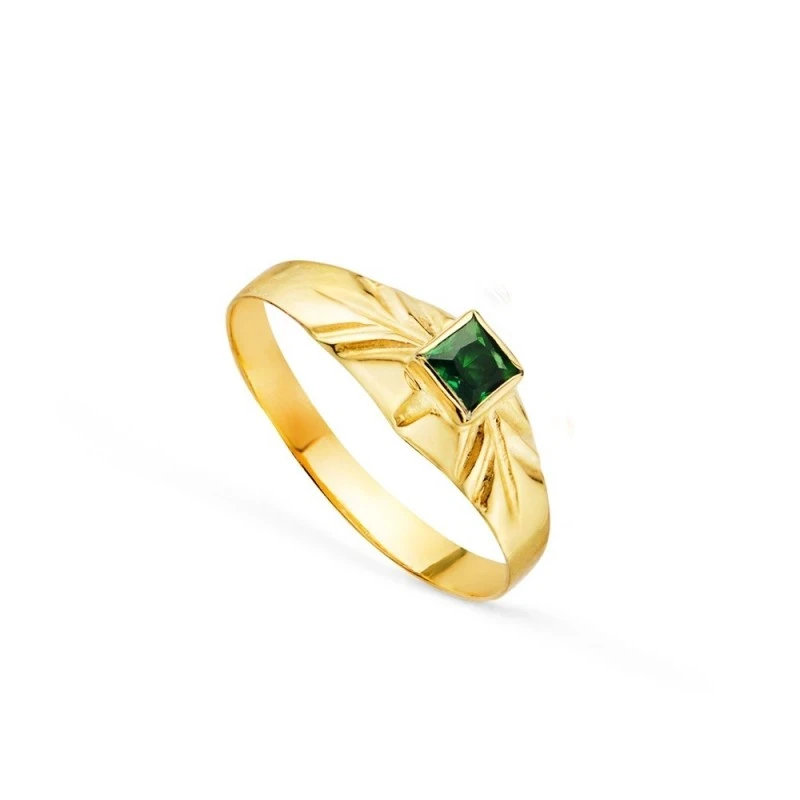 Solitario Oro 18k bebé circonita verde cuadrada centro cabeza 3 mm. d