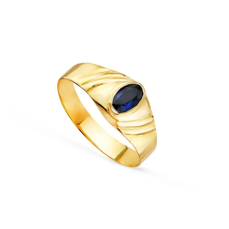 Solitario Oro 18k bebé circonita azul ovalada centro cabeza 5 x 3 mm.