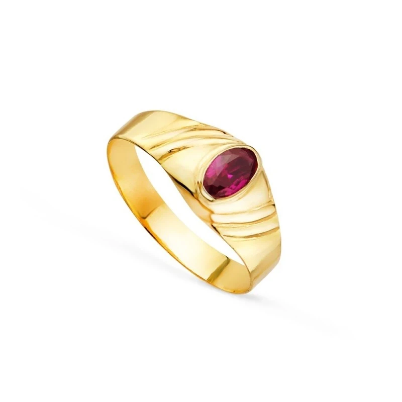 Solitario Oro 18k bebé circonita roja ovalada centro cabeza 5 x 3 mm.