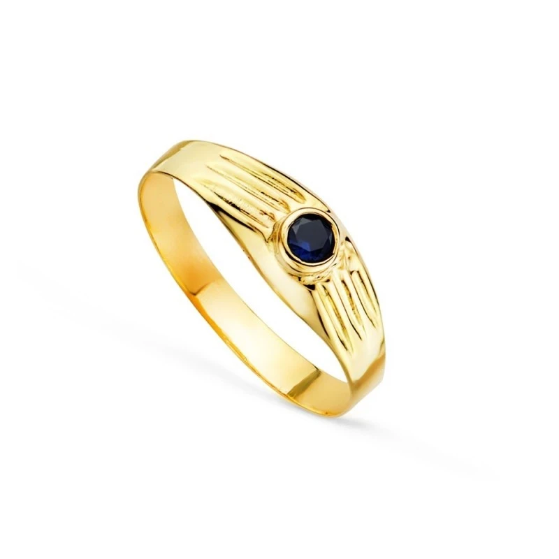 Solitario Oro 18k bebé circonita azul redonda centro cabeza 3 mm. det