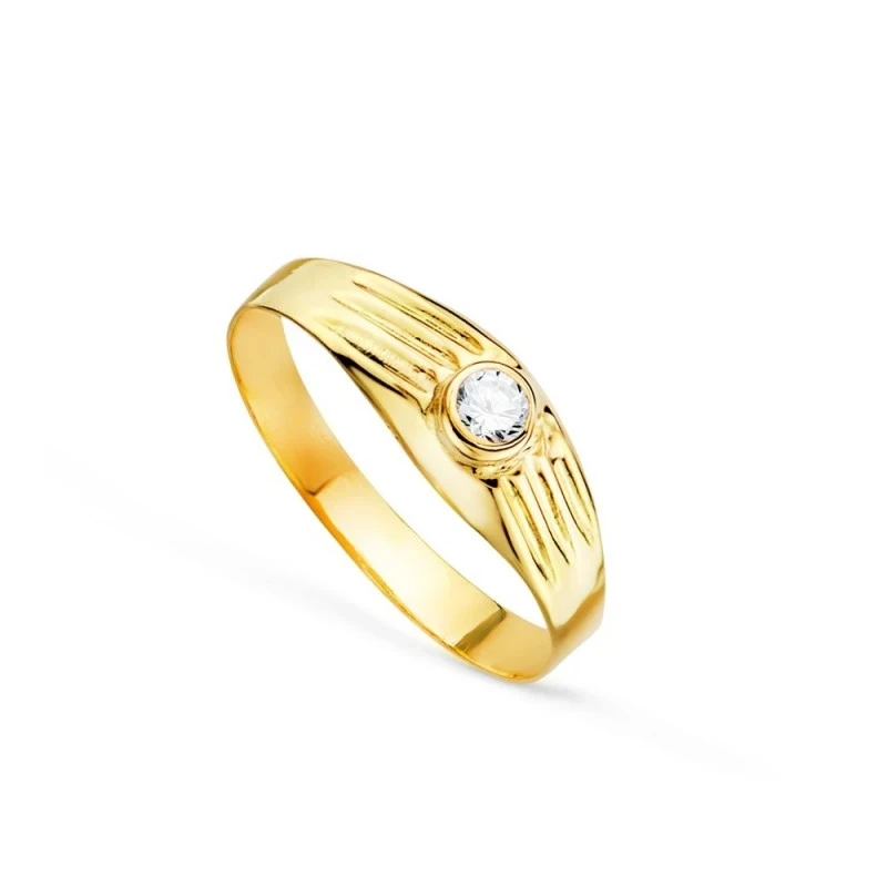 Solitario Oro 18k bebé circonita redonda centro cabeza 3 mm. detalles