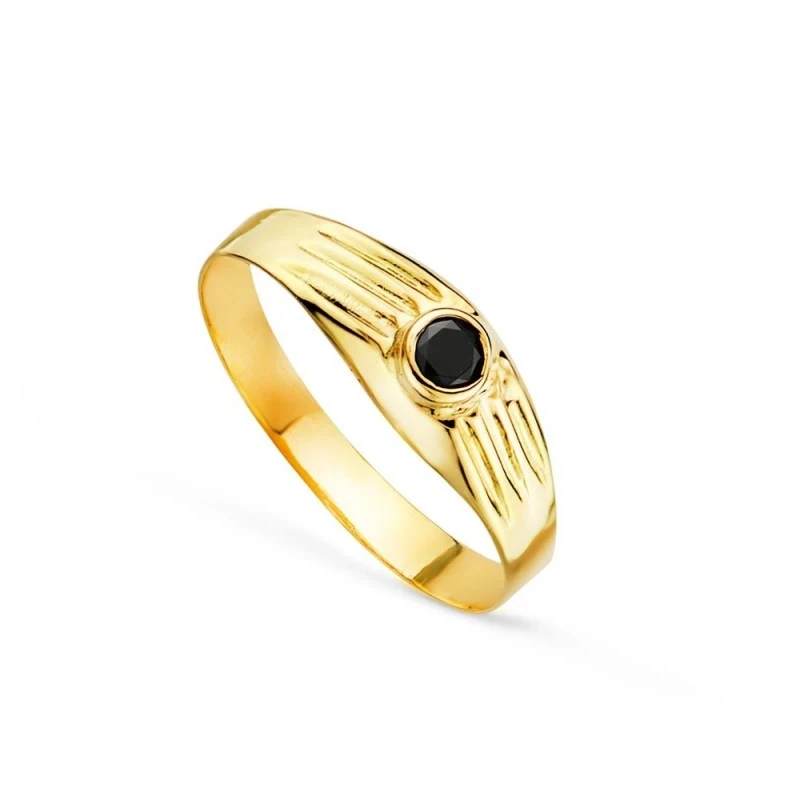 Solitario Oro 18k bebé circonita redonda negra centro cabeza 3 mm. de