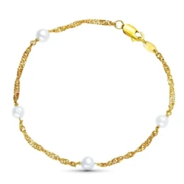 Pulsera Oro 18k Primera Comunión niña 19 cm. cadena singapur 4 perlas