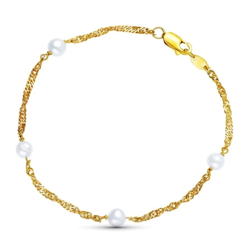 Pulsera Oro 18k Primera Comunión niña 19 cm. cadena singapur 4 perlas