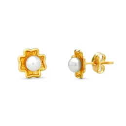 Pendientes Oro 18k Primera Comunión niña 7 mm. forma trébol perla cen