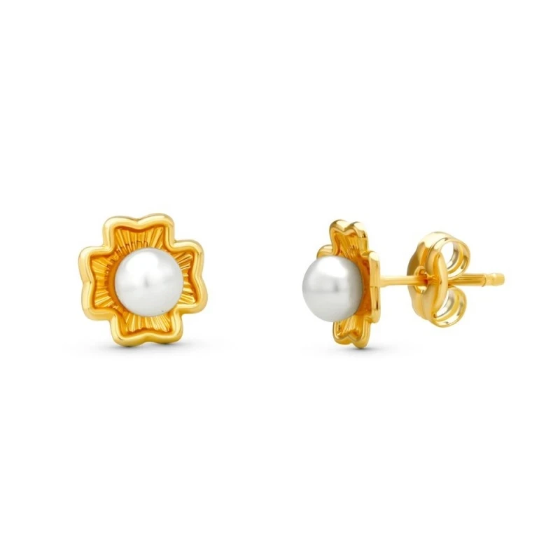 Pendientes Oro 18k Primera Comunión niña 7 mm. forma trébol perla cen