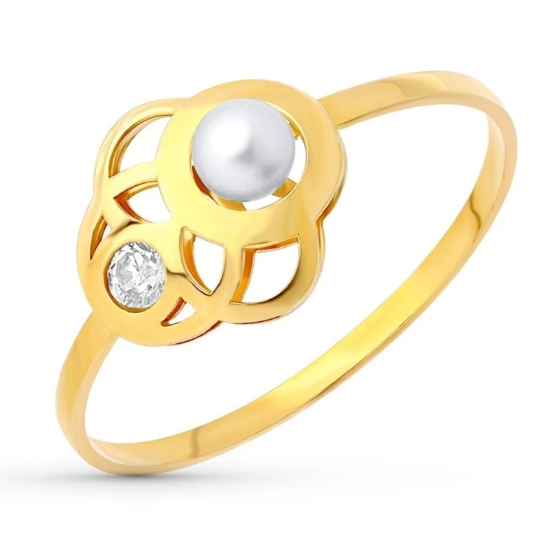 Sortija Oro 18k Primera Comunión niña círculos calados perla 3 mm. ci