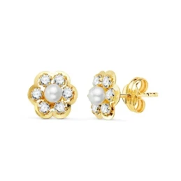 Pendientes Oro 18k Primera Comunión niña 8.5 mm. forma flor circonita