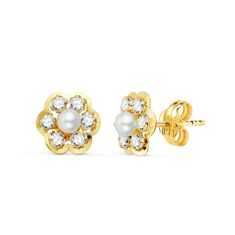 Pendientes Oro 18k Primera Comunión niña 8.5 mm. forma flor circonita