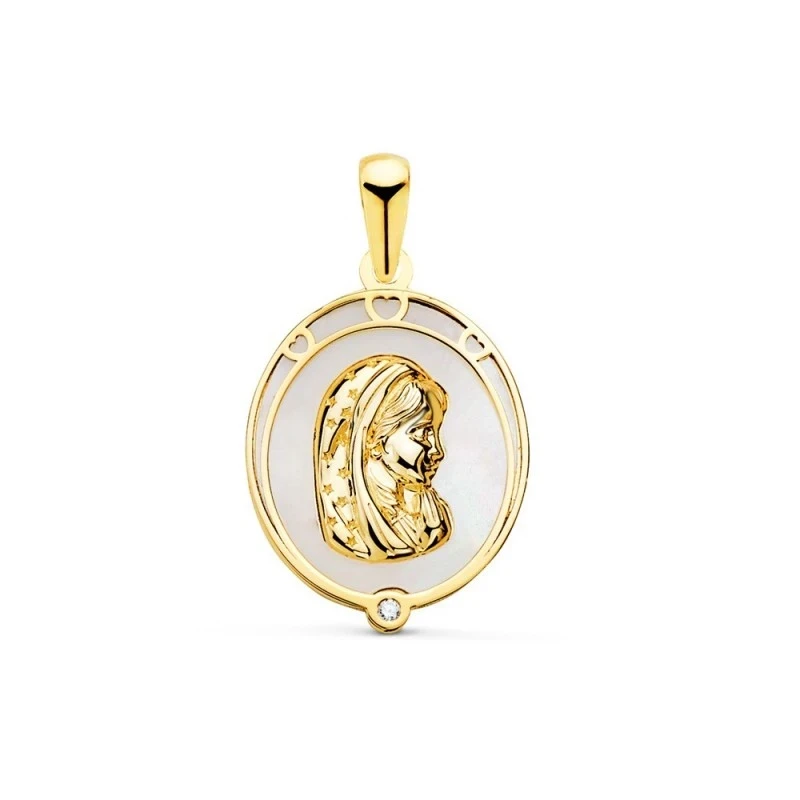 Virgen Niña Medalla Oro 18k Primera Comunión 17 mm. fondo nácar detal