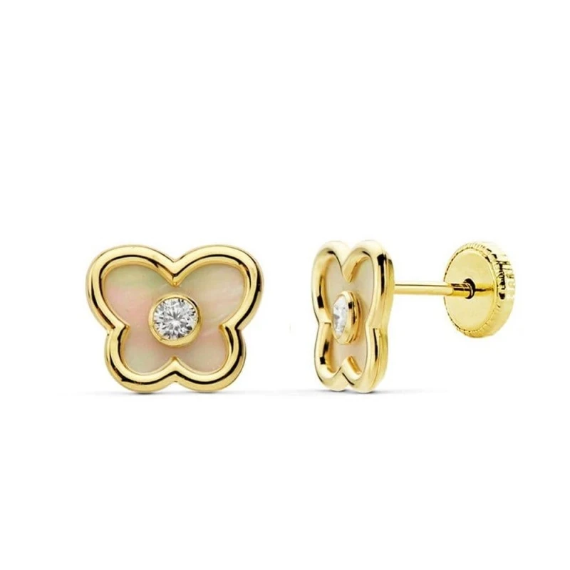 Pendientes Oro 18k Primera Comunión niña 8 mm. forma mariposa nácar c