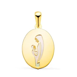 Virgen Madre Medalla Oro 18k ovalada 15 mm. lisa combinada nácar
