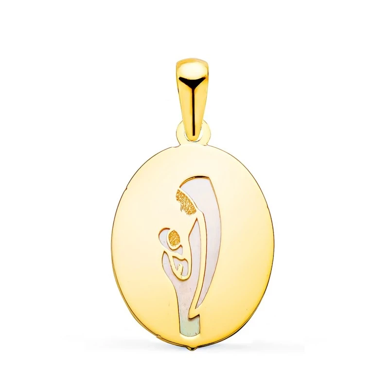 Virgen Madre Medalla Oro 18k ovalada 15 mm. lisa combinada nácar