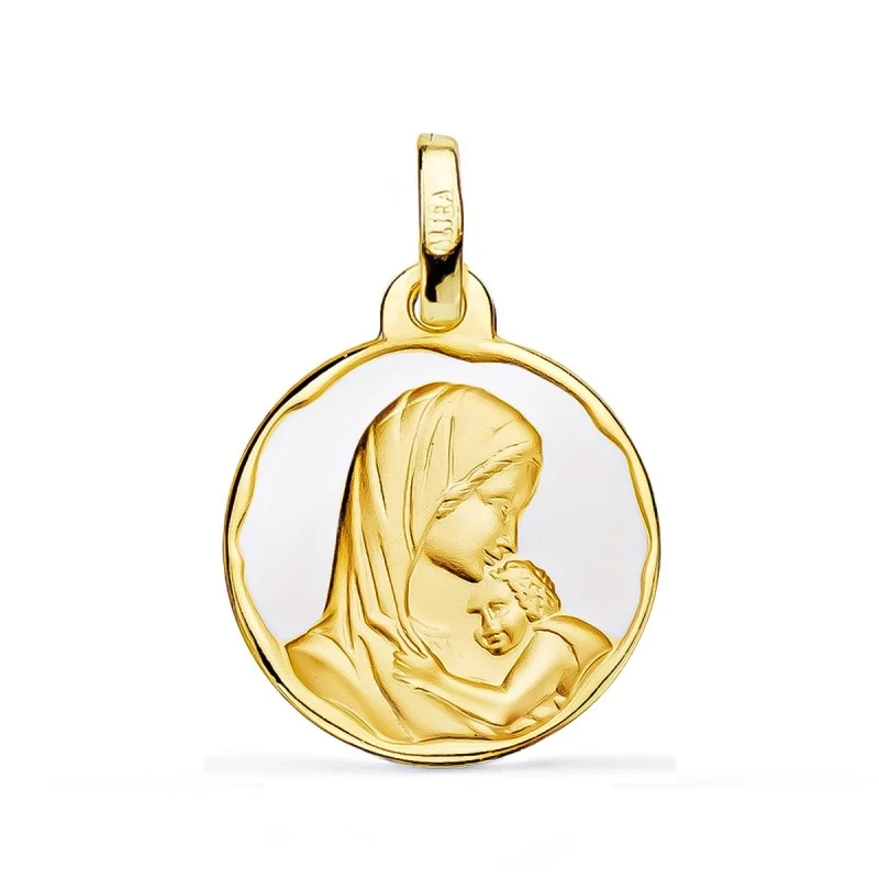 Virgen Madre Medalla Oro 18k amor maternal 16 mm. fondo esmaltado bla