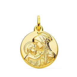 Virgen Madre Medalla Oro 9k con niño 18 mm. relieve