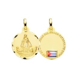 Virgen Caridad del Cobre Medalla Oro 18k 20 mm. bandera de Cuba. Gra