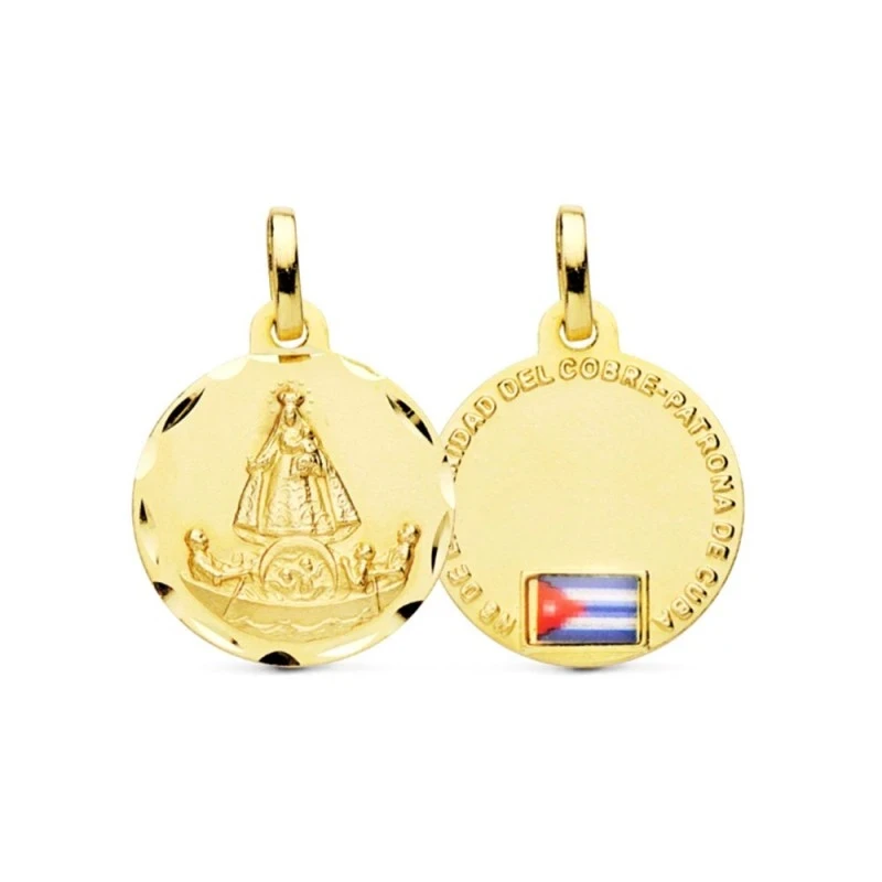 Virgen Caridad del Cobre Medalla Oro 18k 20 mm. bandera de Cuba. Gra