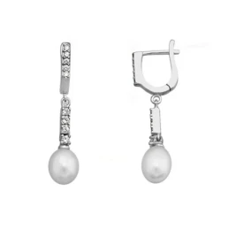 Pendientes plata Ley 925m rodiada 35mm. perla barra circonitas