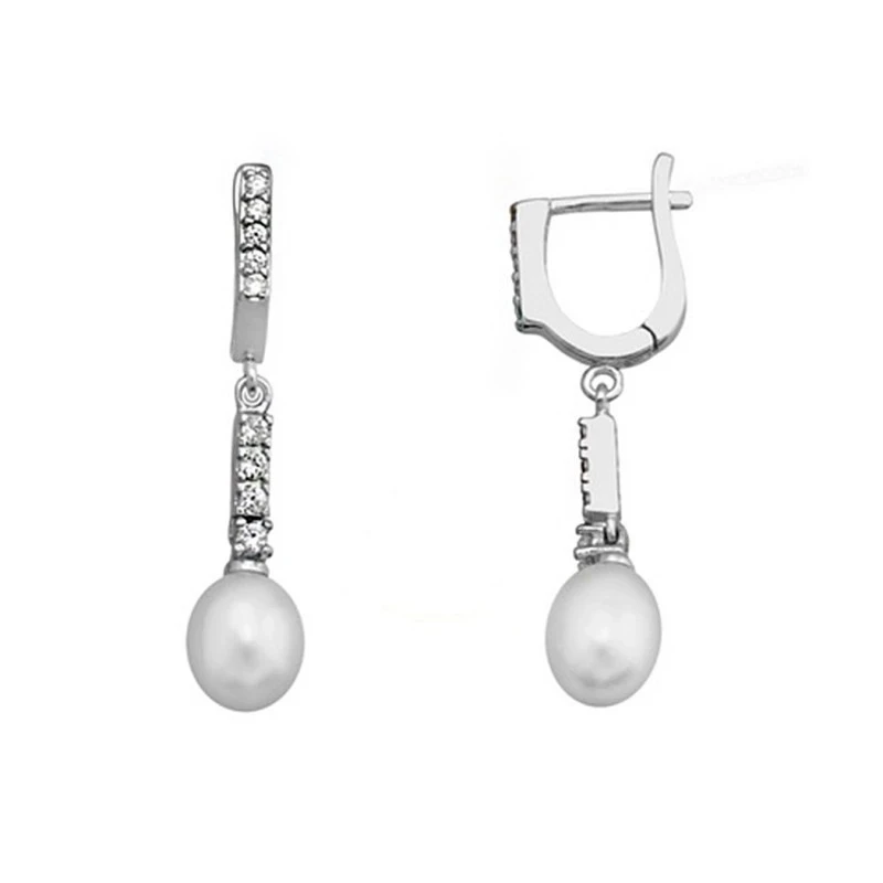 Pendientes plata Ley 925m rodiada 35mm. perla barra circonitas