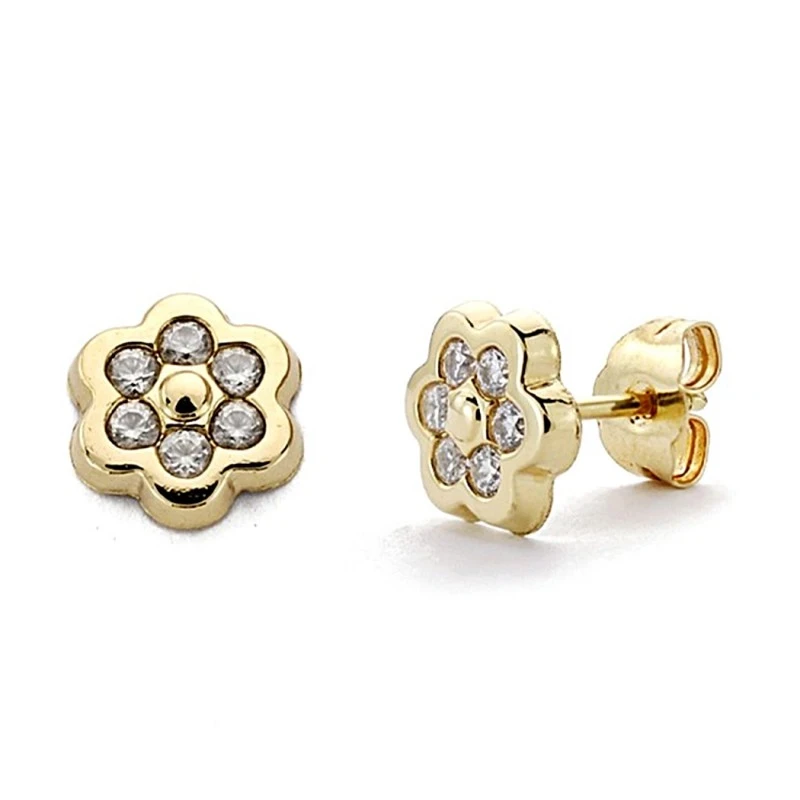 Pendientes oro 18k flor circonitas 8mm. cierre presión [7706]
