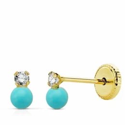 Pendientes oro 18k turquesa 5mm. circonita cierre tornillo [AA1910]