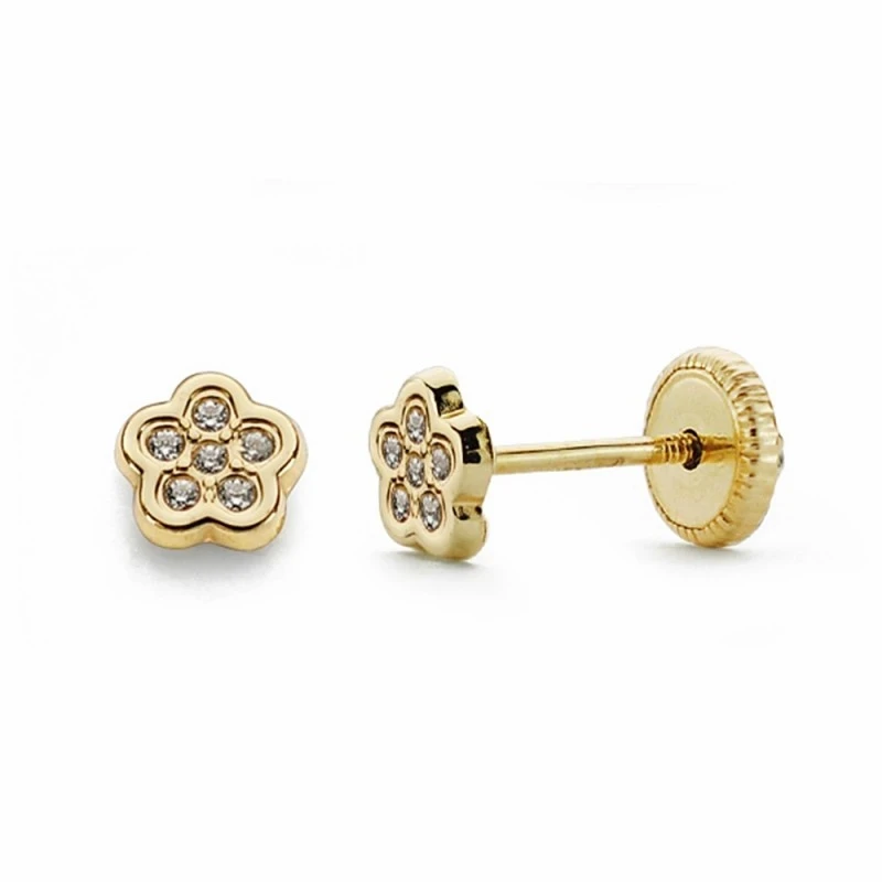 Pendientes oro 18k flor 5mm. circonitas cierre tornillo [AA2099]