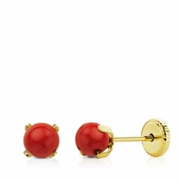 Pendientes oro 18k coral 4mm. cierre tornillo [AA2696]