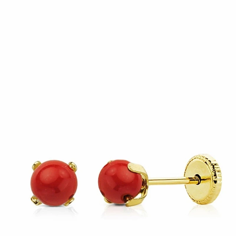 Pendientes oro 18k coral 4mm. cierre tornillo [AA2696]