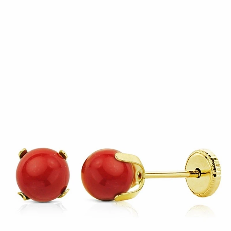 Pendientes oro 18k coral 5mm. cierre tornillo [AA2698]