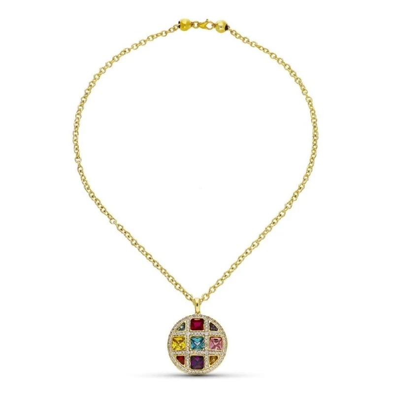 Gargantilla oro 18k mujer colgante círculo combinado piedras cuadrada