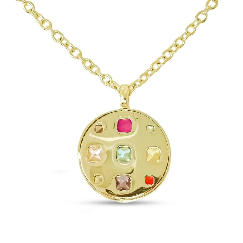 Gargantilla oro 18k mujer colgante círculo combinado piedras cuadrada