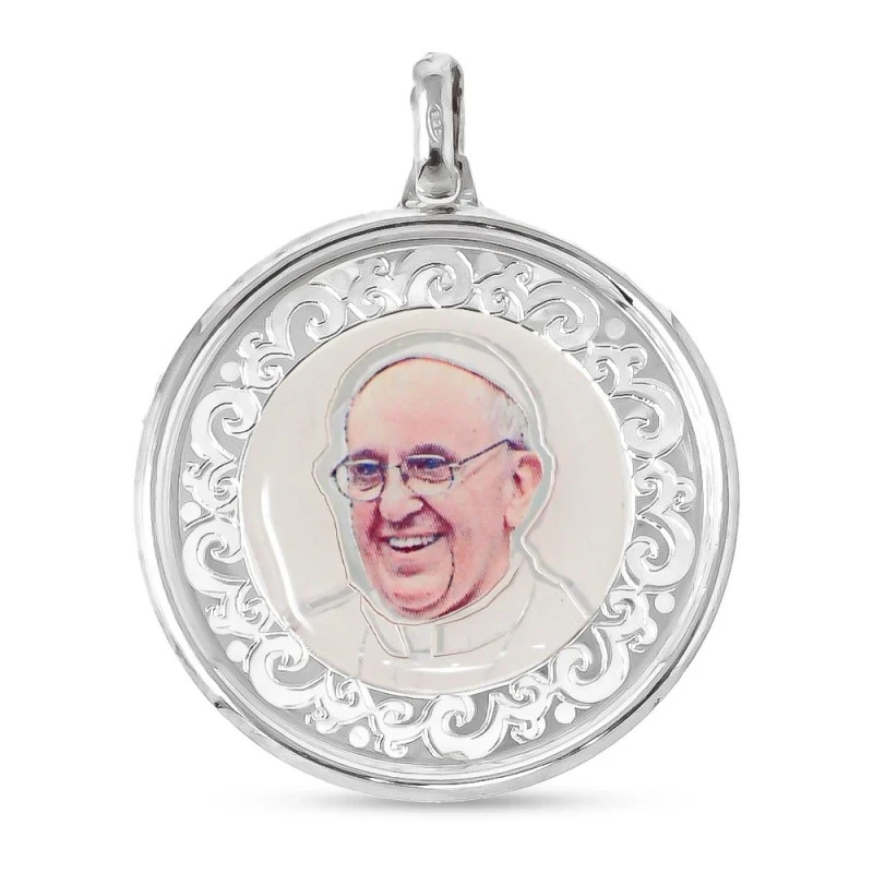 Papa Francisco Medalla Plata Ley 925m 35 mm. resina plástica transpar