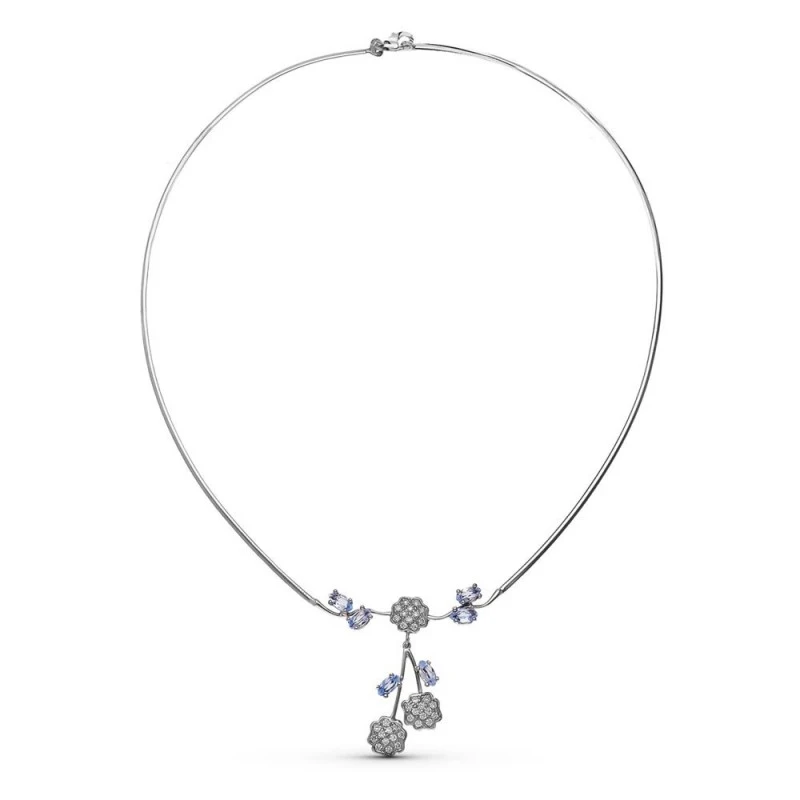 Gargantilla Oro Blanco 18k mujer hilo detalle flores circonitas