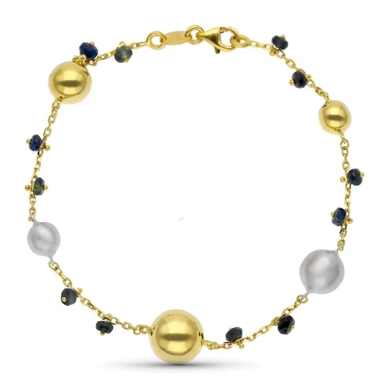 Pulsera Oro Bicolor 18k mujer bolas combinadas brillo mate piedras co
