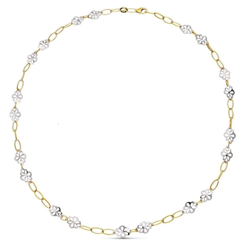Gargantilla Oro Bicolor 18k mujer 45 cm. eslabones combinados flores