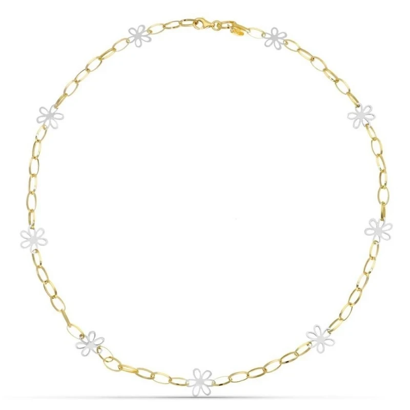 Gargantilla Oro Bicolor 18k mujer eslabones combinados flores caladas