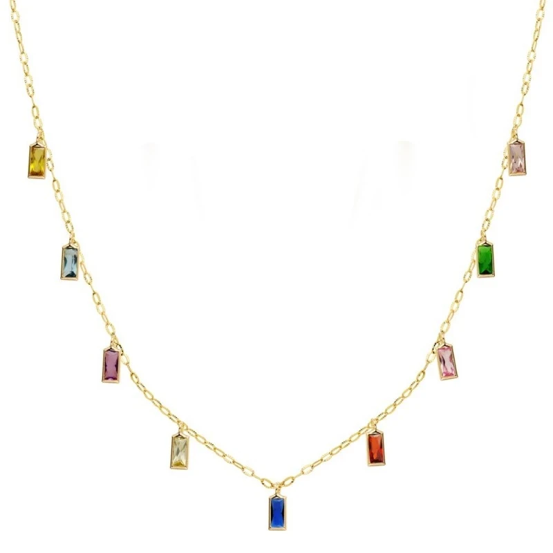 Gargantilla Oro 18k mujer 42 cm. cadena combinada circonitas rectangu