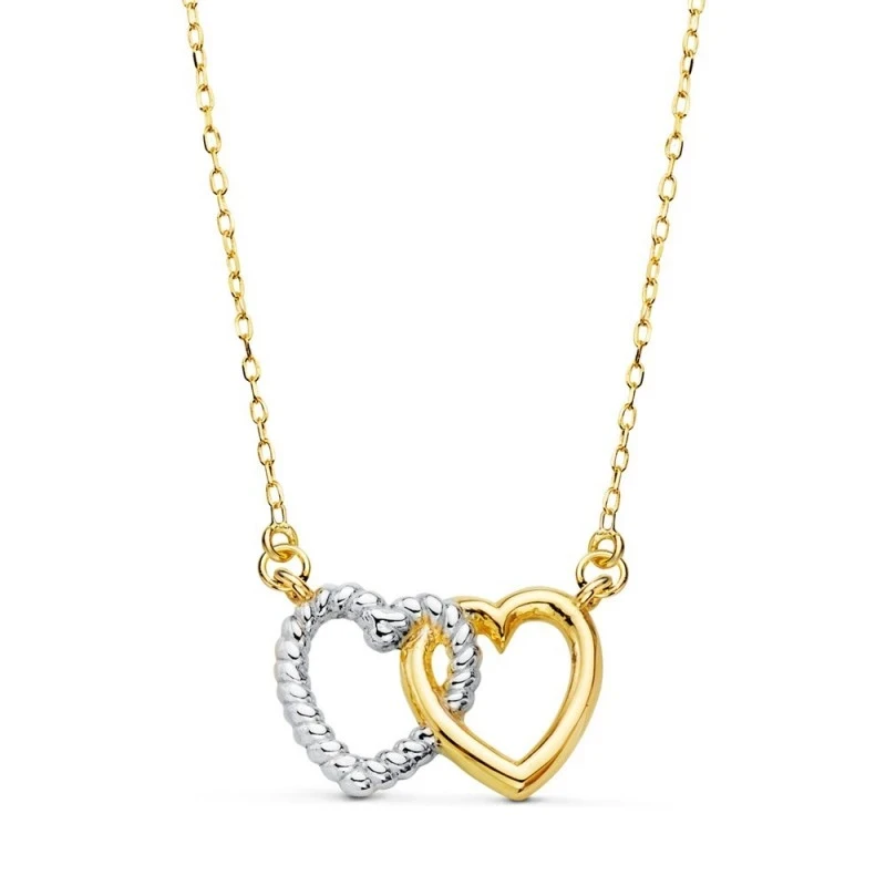 Gargantilla Oro Bicolor 18k mujer 42 cm. dos corazones entrelazados 1