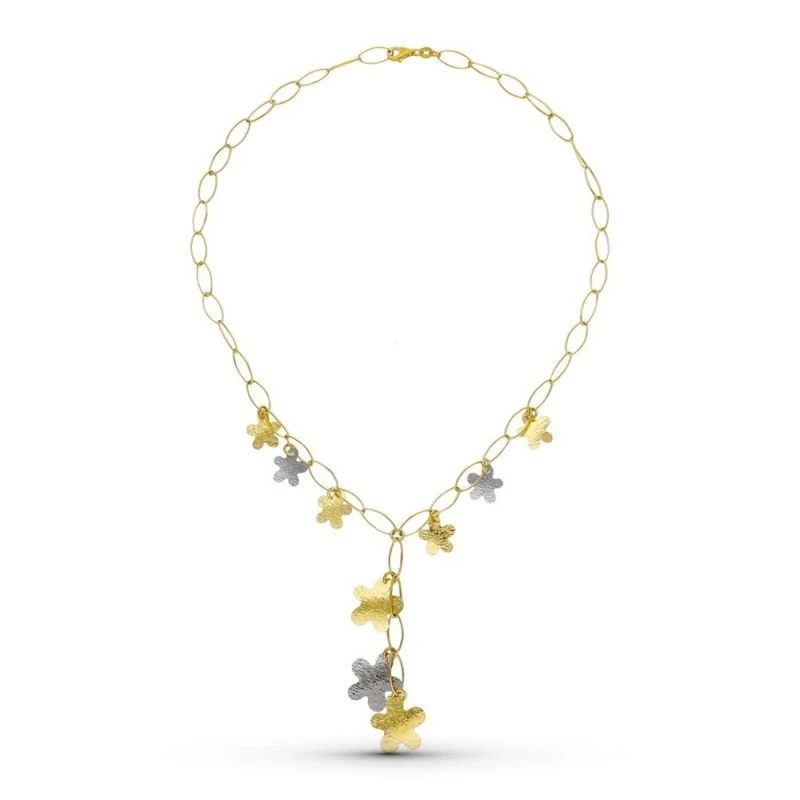 Gargantilla Oro Bicolor 18k mujer eslabones ovalados colgantes flores