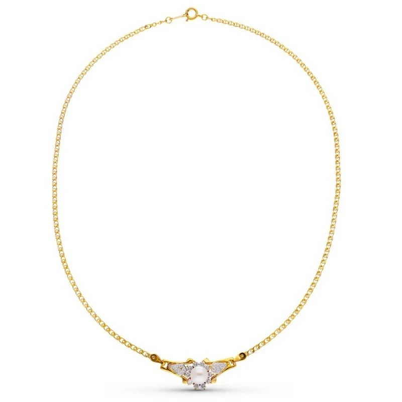 Gargantilla Oro 18k mujer perla centro detalle circonitas laterales