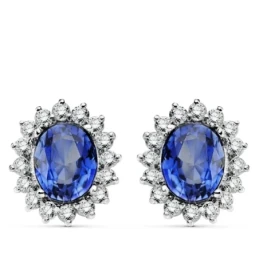 Pendientes Oro Blanco 18k mujer 14 mm. zafiro 9 mm. 32 diamantes 0.03