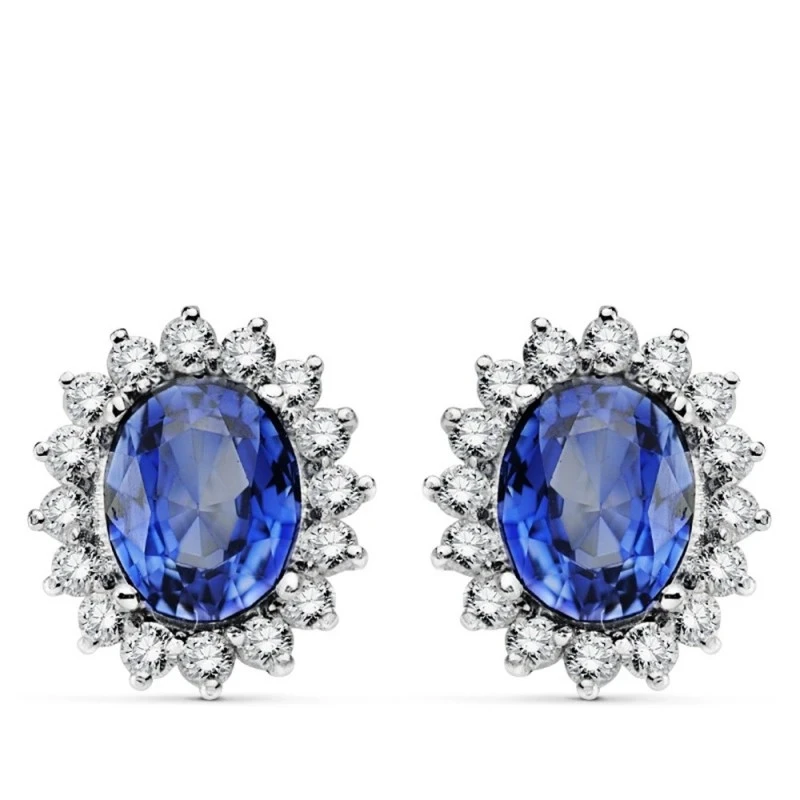 Pendientes Oro Blanco 18k mujer 14 mm. zafiro 9 mm. 32 diamantes 0.03