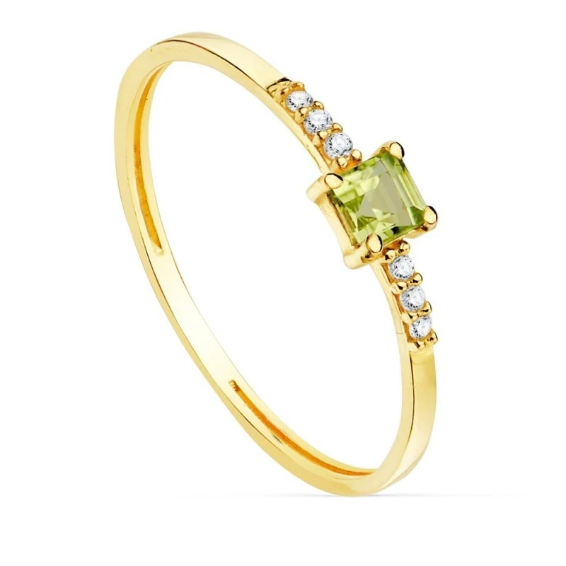 Sortija Oro 18k mujer piedra olivina centro 3 mm. combinada 6 diamant